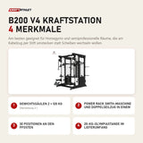 Titanium Strength B200 V4 Kraftstation mit 4 Merkmalen: Gewichtssäulen 2 × 120 kg, Power Rack Smith-Maschine und Doppelseilzug in einem, 30 Positionen an den Pfosten, 20-kg-Olympiastange im Lieferumfang