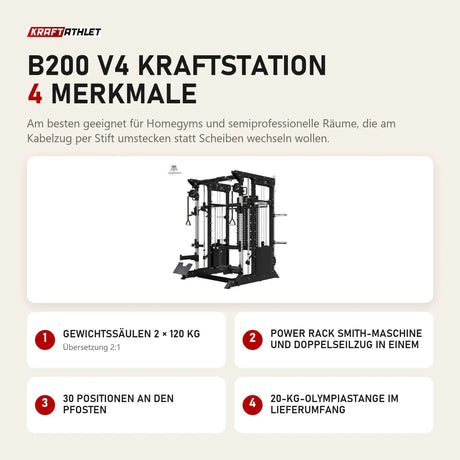 Titanium Strength B200 V4 Kraftstation mit 4 Merkmalen: Gewichtssäulen 2 × 120 kg, Power Rack Smith-Maschine und Doppelseilzug in einem, 30 Positionen an den Pfosten, 20-kg-Olympiastange im Lieferumfang