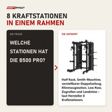 Frage und Antwort zu Titanium Strength B500 PRO Smith Machine mit Doppelpulley und Rack: Welche Stationen hat die B500 PRO?