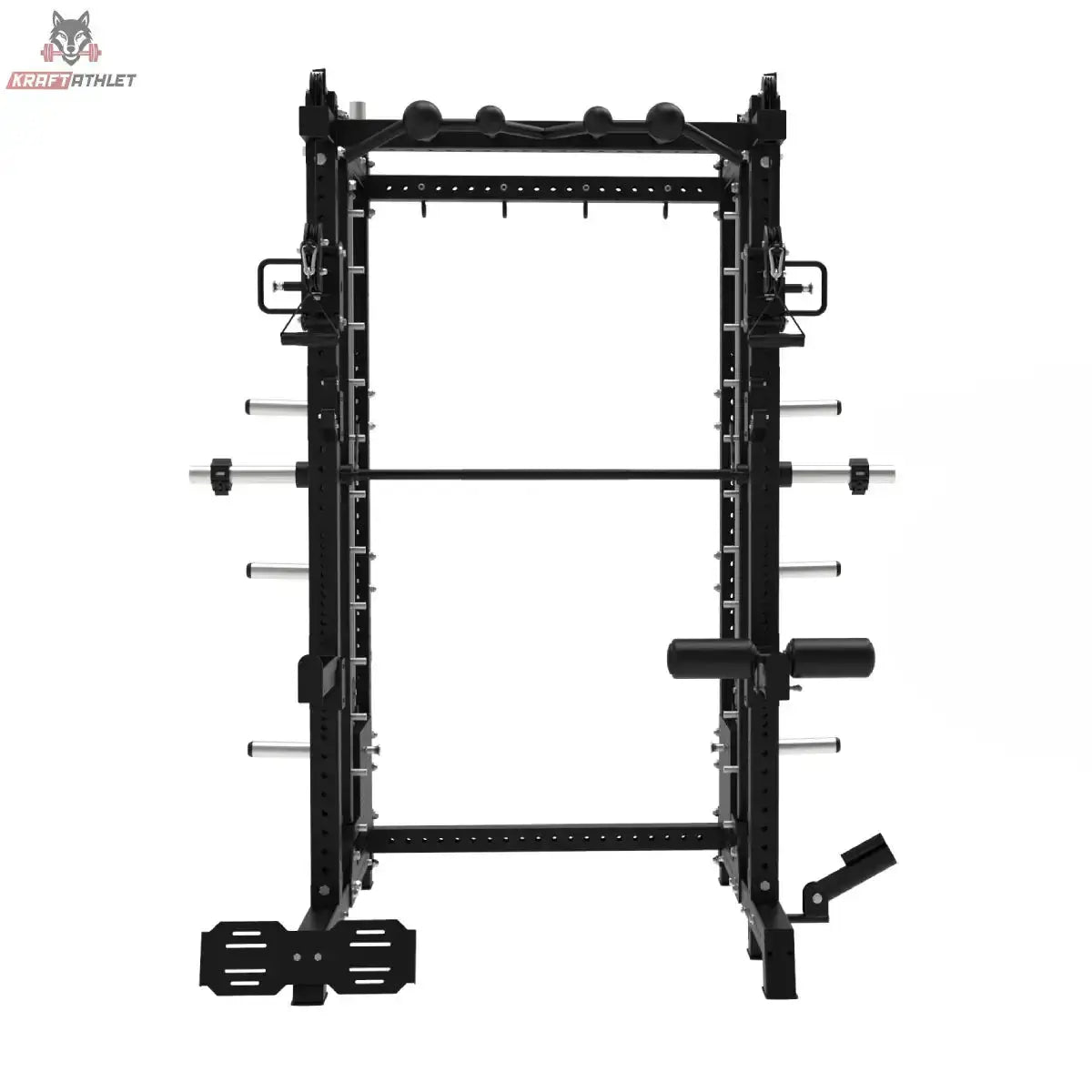 Titanium Strength B500 PRO Smith Machine mit Doppelpulley und Rack in Schwarz, Frontansicht mit Langhantel und Hantelablagen