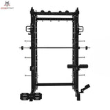 Titanium Strength B500 PRO Smith Machine mit Doppelpulley und Rack in Schwarz, Frontansicht mit Langhantel und Hantelablagen
