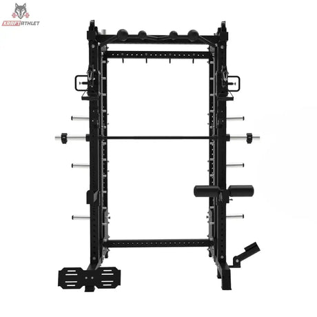 Titanium Strength B500 PRO Smith Machine mit Doppelpulley und Rack in Schwarz, Frontansicht mit Langhantel und Hantelablagen