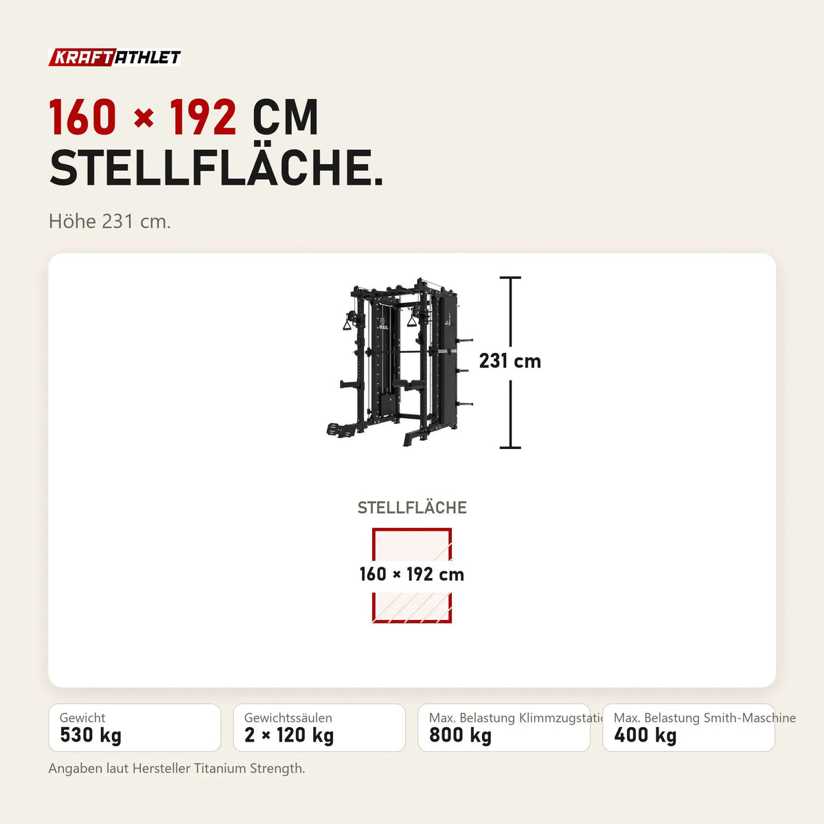 Maßbild Titanium Strength B500 PRO Smith Machine mit Doppelpulley und Rack: Stellfläche 160 × 192 cm, Höhe 231 cm