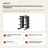 Titanium Strength B500 PRO Smith Machine mit Doppelpulley und Rack mit 4 Merkmalen: 8 Kraftstationen in einem Rahmen, Gewichtssäulen 2 × 120 kg, Smith 400 kg, 15 Zubehörteile inklusive 220-cm-Olympiastange