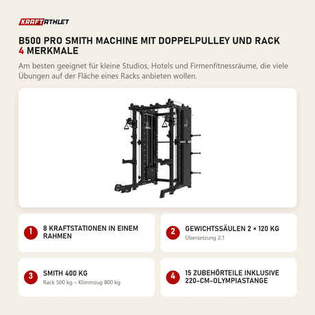 Titanium Strength B500 PRO Smith Machine mit Doppelpulley und Rack mit 4 Merkmalen: 8 Kraftstationen in einem Rahmen, Gewichtssäulen 2 × 120 kg, Smith 400 kg, 15 Zubehörteile inklusive 220-cm-Olympiastange