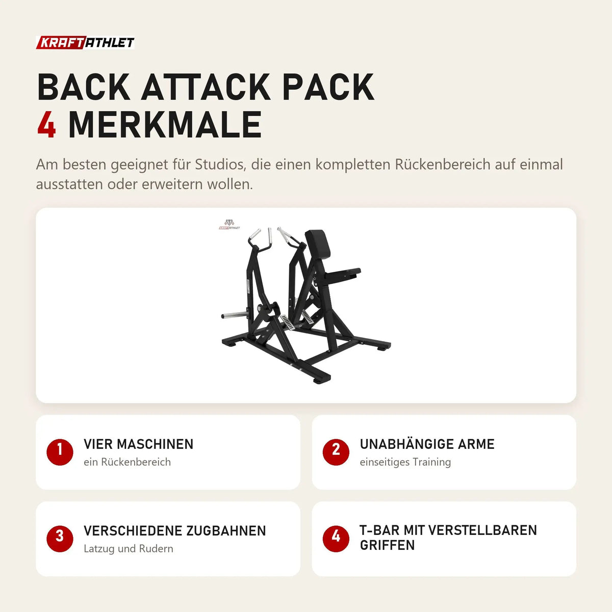 Titanium Strength Back Attack Pack mit 4 Merkmalen: Vier Maschinen, Unabhängige Arme, Verschiedene Zugbahnen, T-Bar mit verstellbaren Griffen