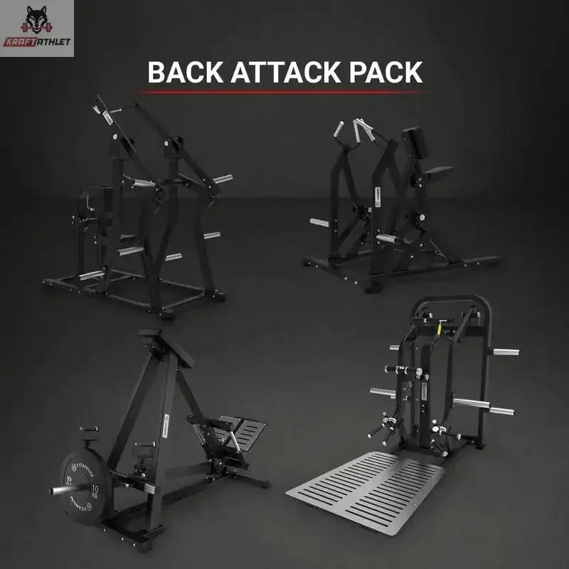 Titanium Strength Back Attack Pack: vier Plate-Loaded-Geräte für den Rücken im dunklen Studio