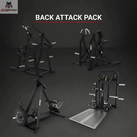 Titanium Strength Back Attack Pack: vier Plate-Loaded-Geräte für den Rücken im dunklen Studio