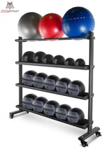 Titanium Strength Ballaufbewahrungs-Rack für Medicine, Wall, Slam und Fitballs: befüllt mit Medizin-, Slam- und Fitbällen, Schrägansicht