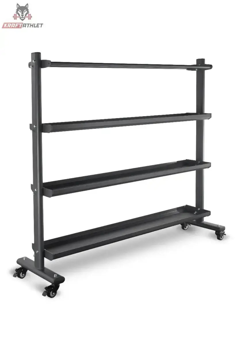 Titanium Strength Ballaufbewahrungs-Rack für Medicine, Wall, Slam und Fitballs: leer, vier Ebenen auf Rollen, Frontansicht