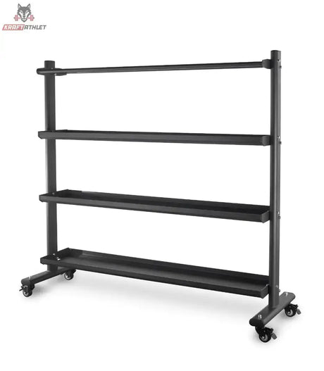 Titanium Strength Ballaufbewahrungs-Rack für Medicine, Wall, Slam und Fitballs: leer, vier Ebenen auf Rollen, Schrägansicht