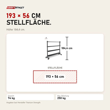 Maßbild Titanium Strength Ballaufbewahrungs-Rack für Medicine, Wall, Slam und Fitballs: Stellfläche 193 × 56 cm, Höhe 184,4 cm