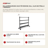 Titanium Strength Ballaufbewahrungs-Rack für Medicine, Wall, Slam und Fitballs mit 4 Merkmalen: 3 Ablagen plus obere Stange, Für Medicine Wall Slam und Fitballs, Tragfähigkeit bis 250 kg, Drehbare Rollen mit Bremse