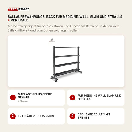 Titanium Strength Ballaufbewahrungs-Rack für Medicine, Wall, Slam und Fitballs mit 4 Merkmalen: 3 Ablagen plus obere Stange, Für Medicine Wall Slam und Fitballs, Tragfähigkeit bis 250 kg, Drehbare Rollen mit Bremse