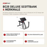 Titanium Strength BC25 Deluxe Scottbank mit 4 Merkmalen: Curls ohne Schwung am festen Armpolster, Polster höhenverstellbar, 5 cm hochdichter Schaumstoff, Gummierte Langhantelablage