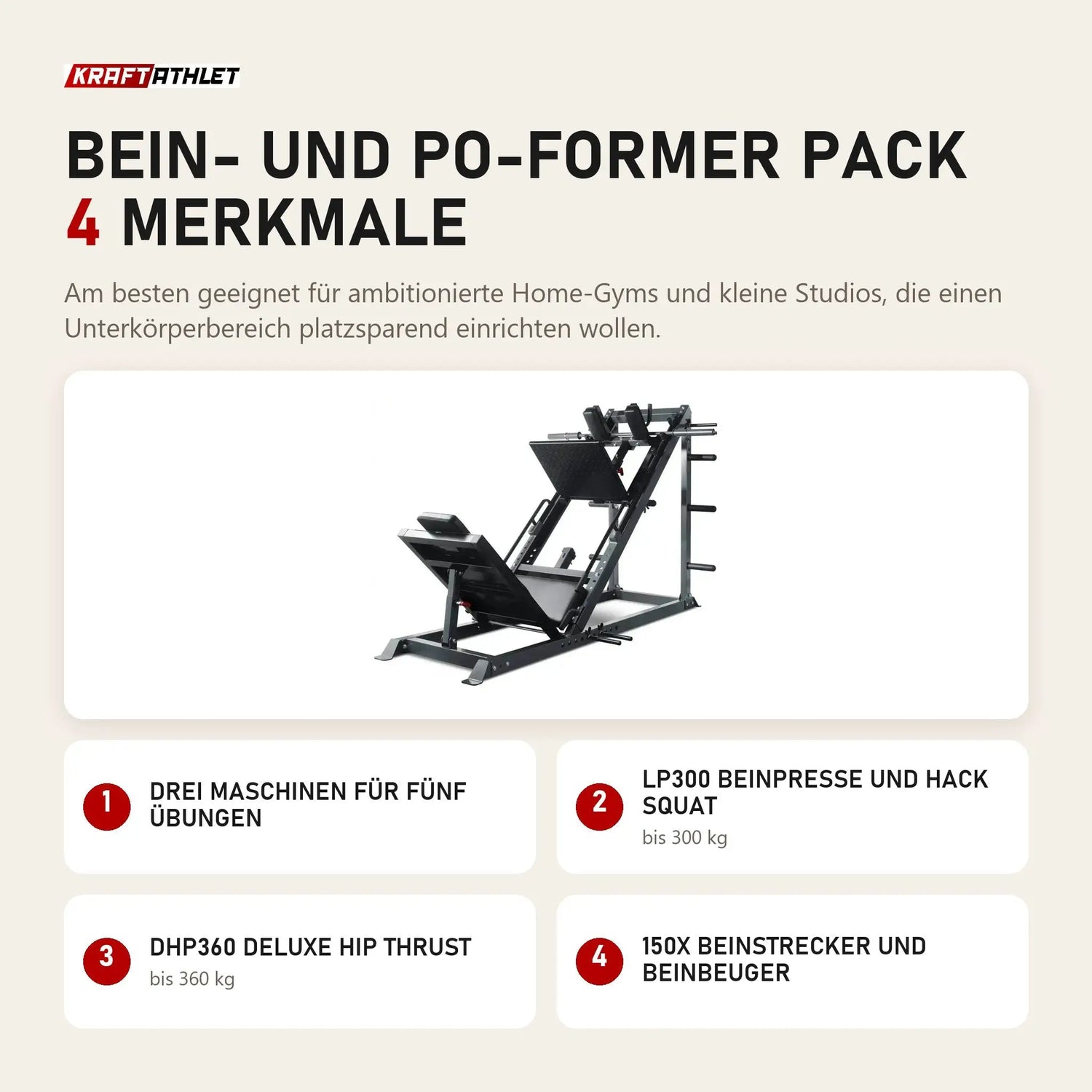 Titanium Strength Bein- und Po-Former Pack mit 4 Merkmalen: Drei Maschinen für fünf Übungen, LP300 Beinpresse und Hack Squat, DHP360 Deluxe Hip Thrust, 150X Beinstrecker und Beinbeuger