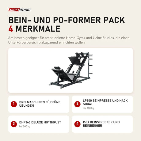 Titanium Strength Bein- und Po-Former Pack mit 4 Merkmalen: Drei Maschinen für fünf Übungen, LP300 Beinpresse und Hack Squat, DHP360 Deluxe Hip Thrust, 150X Beinstrecker und Beinbeuger