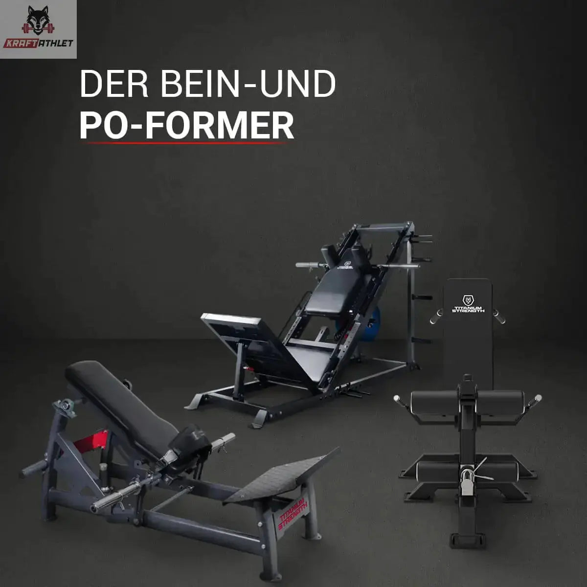 Titanium Strength Bein- und Po-Former Pack, Gesamtset mit drei Beingeräten vor dunklem Hintergrund