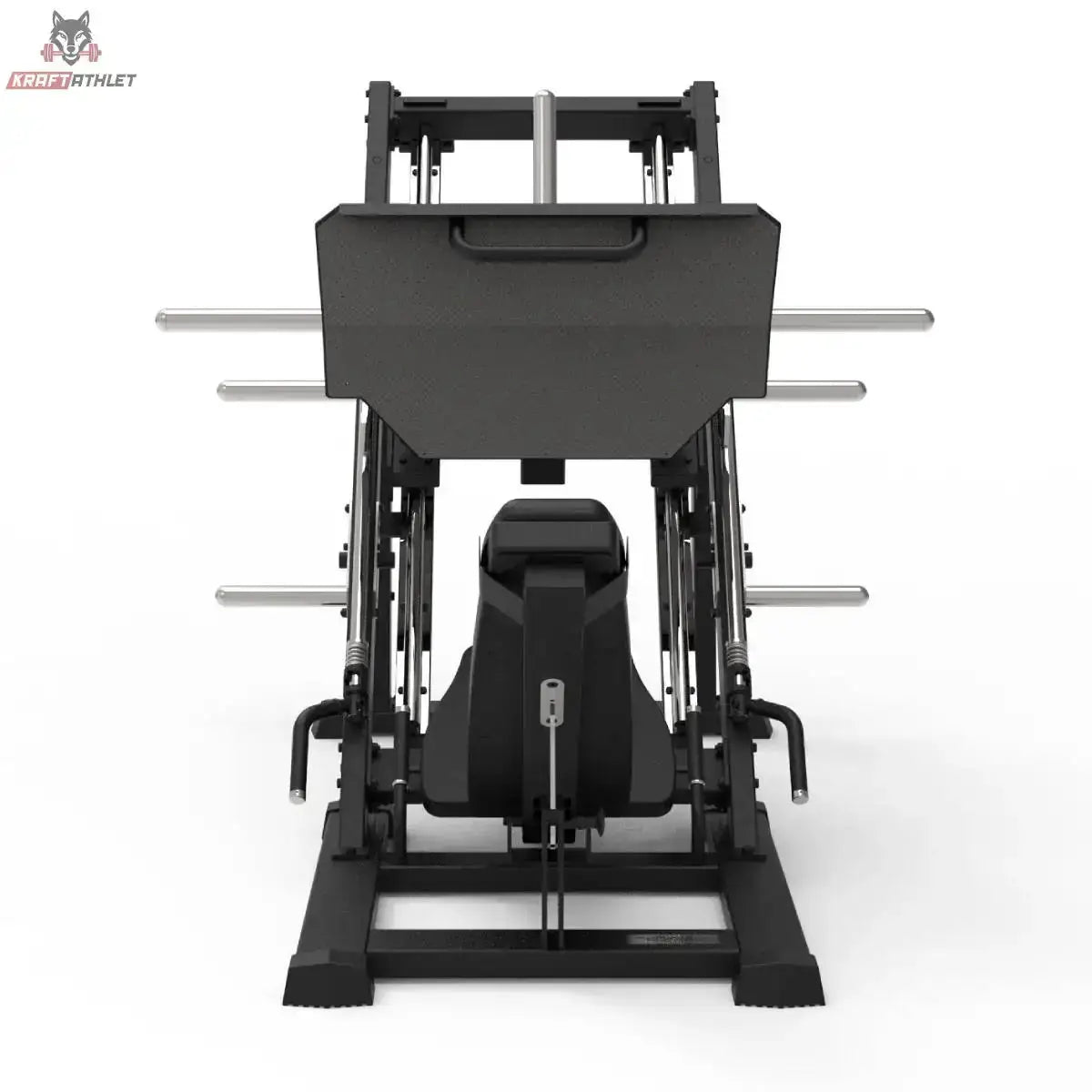 Titanium Strength Beinpresse 45° Plus Elite Series in Schwarz, Frontansicht auf Fußplatte und Sitz