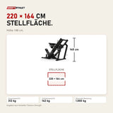 Maßbild Titanium Strength Beinpresse 45° Plus Elite Series: Stellfläche 220 × 164 cm, Höhe 148 cm