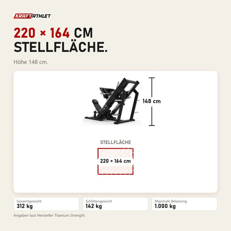 Maßbild Titanium Strength Beinpresse 45° Plus Elite Series: Stellfläche 220 × 164 cm, Höhe 148 cm