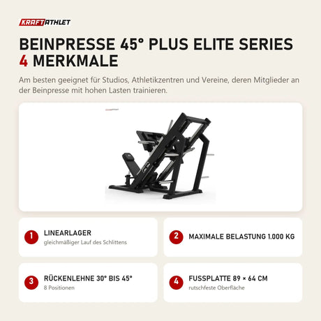Titanium Strength Beinpresse 45° Plus Elite Series mit 4 Merkmalen: Linearlager, Maximale Belastung 1.000 kg, Rückenlehne 30° bis 45°, Fußplatte 89 × 64 cm