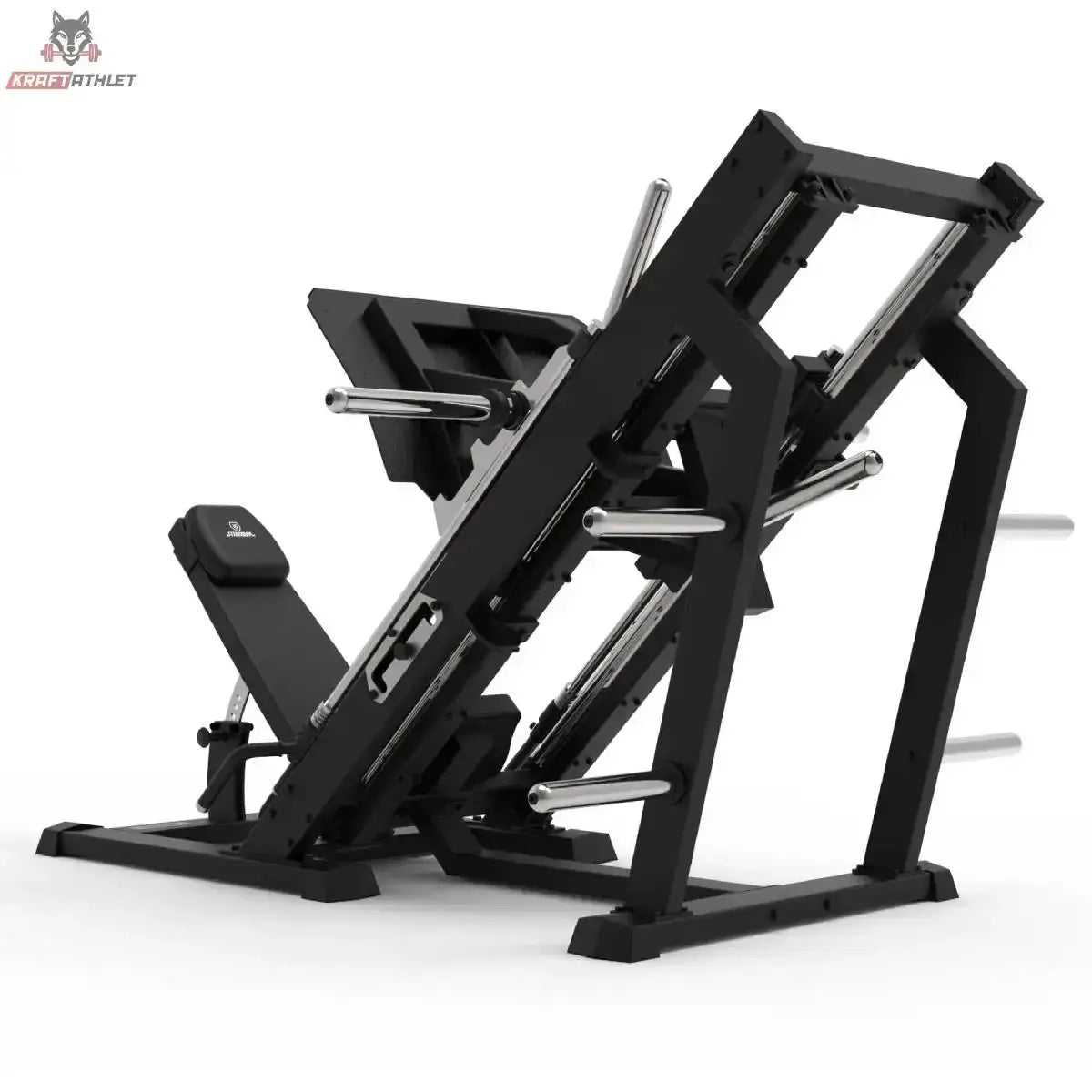 Titanium Strength Beinpresse 45° Plus Elite Series in Schwarz, Schrägansicht mit Schlitten und Scheibenhaltern