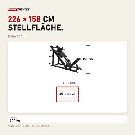 Maßbild Titanium Strength Beinpresse/Hack Squat Combo Elite Series: Stellfläche 226 × 158 cm, Höhe 157 cm