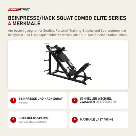 Titanium Strength Beinpresse/Hack Squat Combo Elite Series mit 4 Merkmalen: Beinpresse und Hack Squat, Schneller Wechsel zwischen den Übungen, Sicherheitssperre, Maximale Last 400 kg