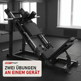 Titanium Strength Beinpresse/Hack Squat Combo Elite Series in einem fertig eingerichteten Studio mit dunklen Wänden und Gummiboden