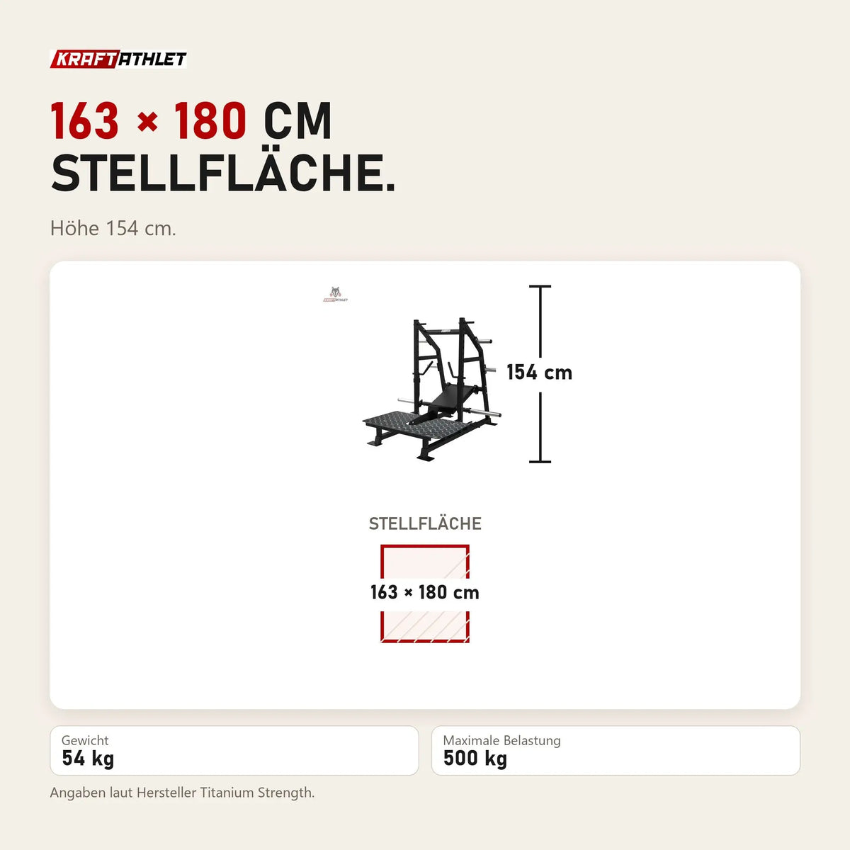 Maßbild Titanium Strength Belt Squat Elite Series: Stellfläche 163 × 180 cm, Höhe 154 cm