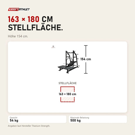 Maßbild Titanium Strength Belt Squat Elite Series: Stellfläche 163 × 180 cm, Höhe 154 cm