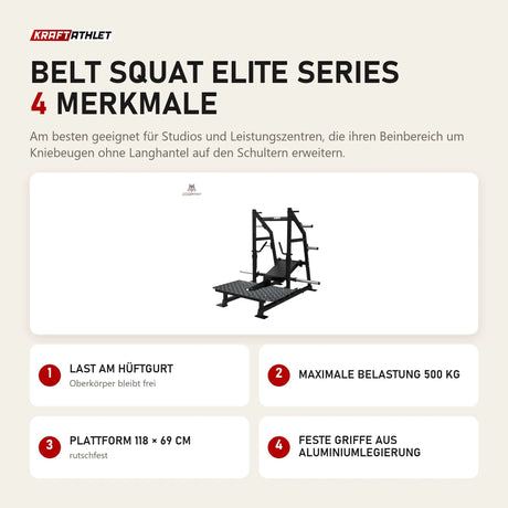 Titanium Strength Belt Squat Elite Series mit 4 Merkmalen: Last am Hüftgurt, Maximale Belastung 500 kg, Plattform 118 × 69 cm, Feste Griffe aus Aluminiumlegierung