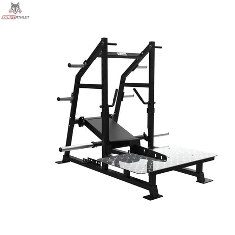 Titanium Strength Belt Squat Elite Series in Schrägansicht von links mit Riffelblech-Plattform und Griffen