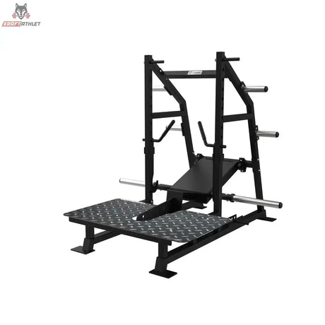 Titanium Strength Belt Squat Elite Series in Schrägansicht mit Plattform, Hebelarm und Scheibenaufnahmen