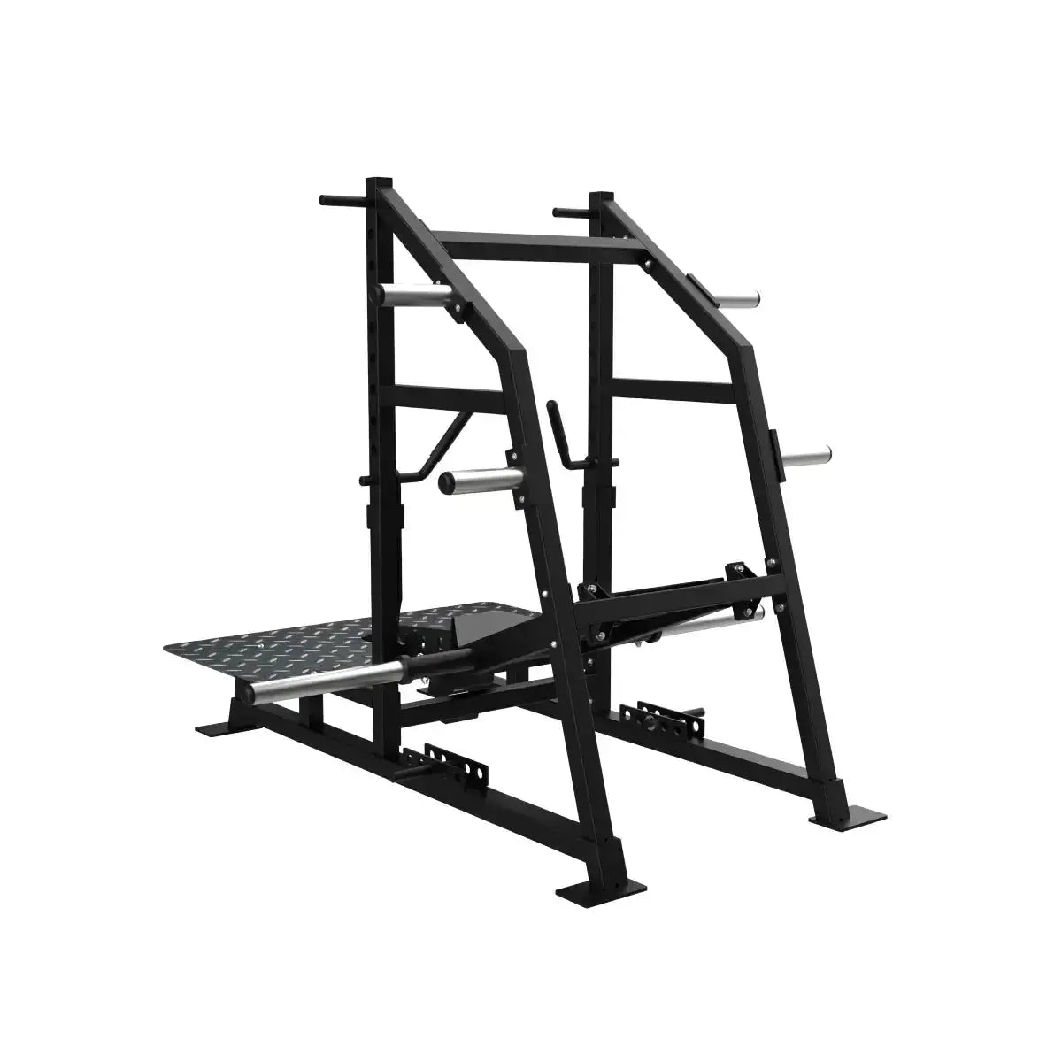 Titanium Strength Belt Squat Elite Series in Seitenansicht von links mit Plattform und Rahmenstreben