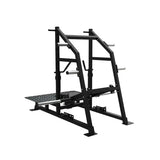 Titanium Strength Belt Squat Elite Series in Seitenansicht von links mit Plattform und Rahmenstreben