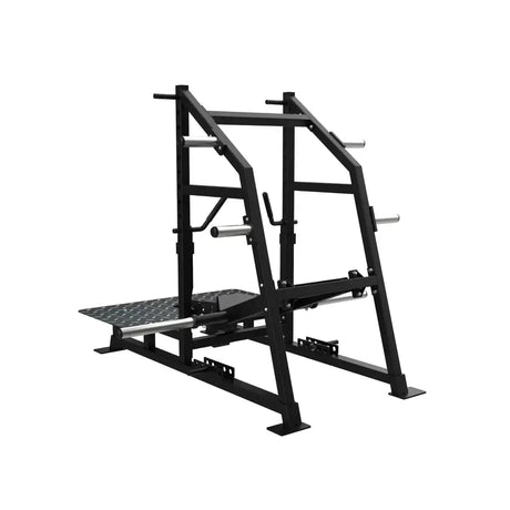 Titanium Strength Belt Squat Elite Series in Seitenansicht von links mit Plattform und Rahmenstreben