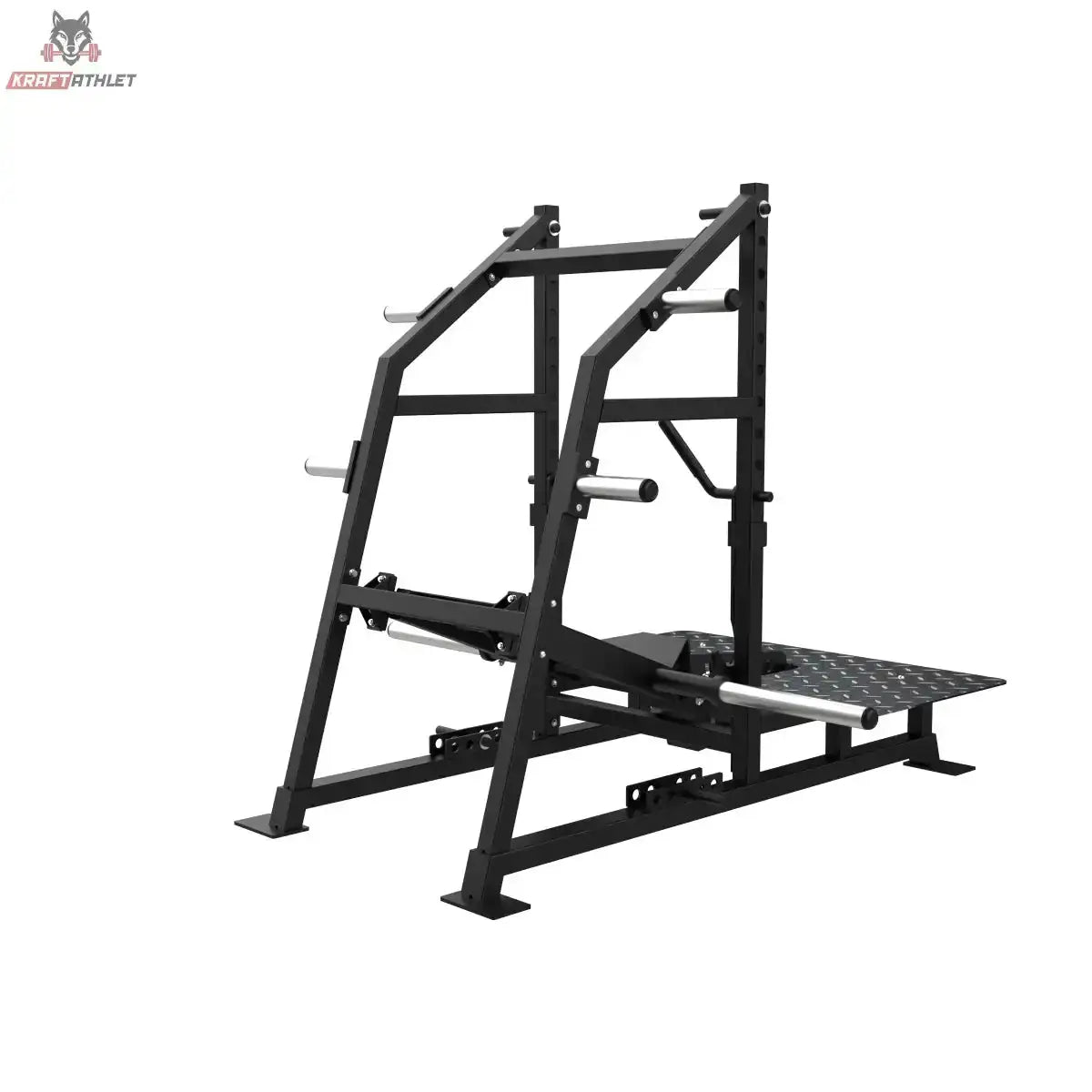 Titanium Strength Belt Squat Elite Series in Seitenansicht von rechts mit hohem Rahmen und Standplattform