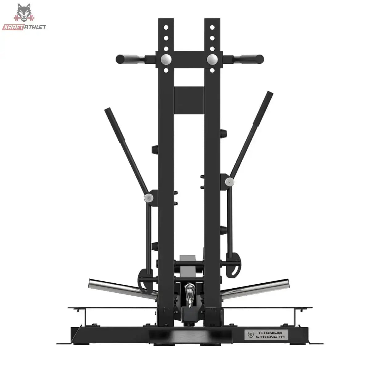 Titanium Strength Belt Squat Pro Elite Series in Frontansicht mit Säule, Griffen und Plattform