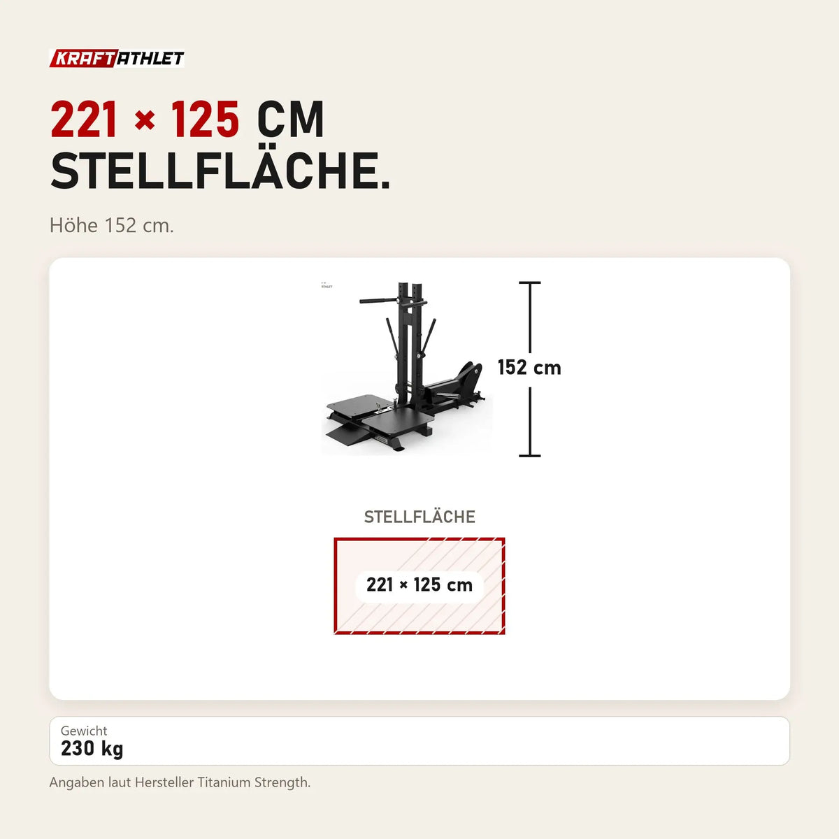 Maßbild Titanium Strength Belt Squat Pro Elite Series: Stellfläche 221 × 125 cm, Höhe 152 cm