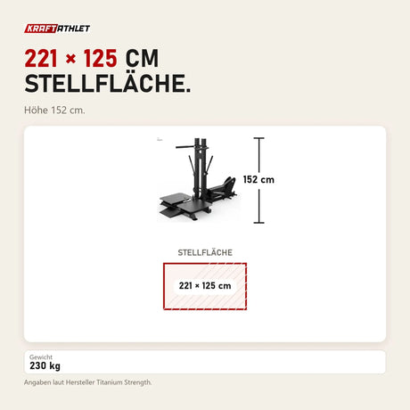 Maßbild Titanium Strength Belt Squat Pro Elite Series: Stellfläche 221 × 125 cm, Höhe 152 cm