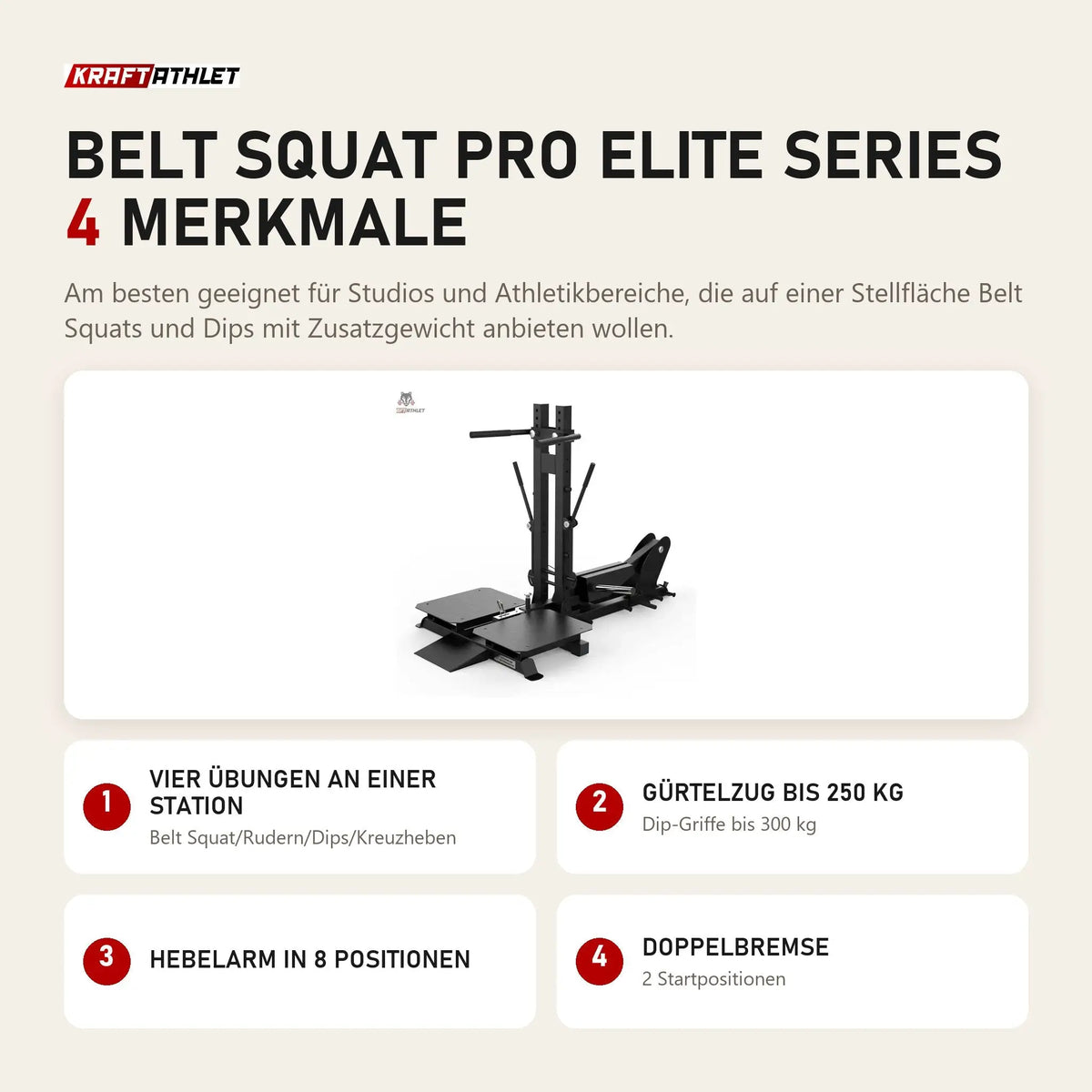 Titanium Strength Belt Squat Pro Elite Series mit 4 Merkmalen: Vier Übungen an einer Station, Gürtelzug bis 250 kg, Hebelarm in 8 Positionen, Doppelbremse