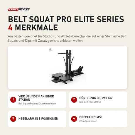 Titanium Strength Belt Squat Pro Elite Series mit 4 Merkmalen: Vier Übungen an einer Station, Gürtelzug bis 250 kg, Hebelarm in 8 Positionen, Doppelbremse