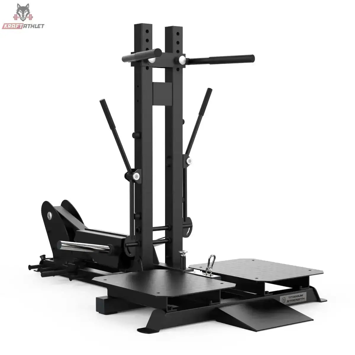 Titanium Strength Belt Squat Pro Elite Series in Schrägansicht von hinten mit Säule und Scheibenhorn