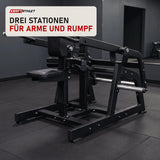 Titanium Strength Biceps, Triceps & Abs Pack in einem fertig eingerichteten Studio mit dunklen Wänden und Gummiboden