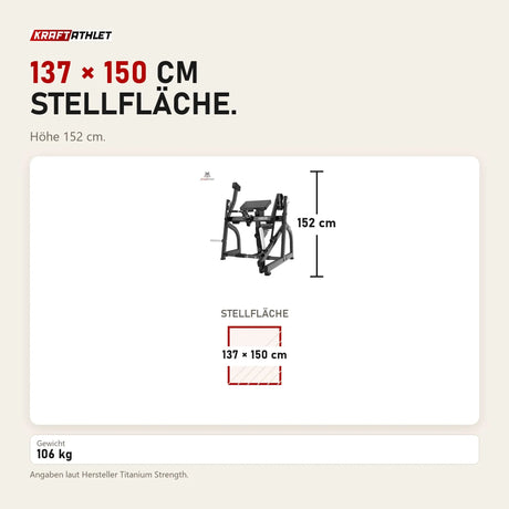 Maßbild Titanium Strength Bizepscurl Black Series mit Gewichtsscheiben: Stellfläche 137 × 150 cm, Höhe 152 cm