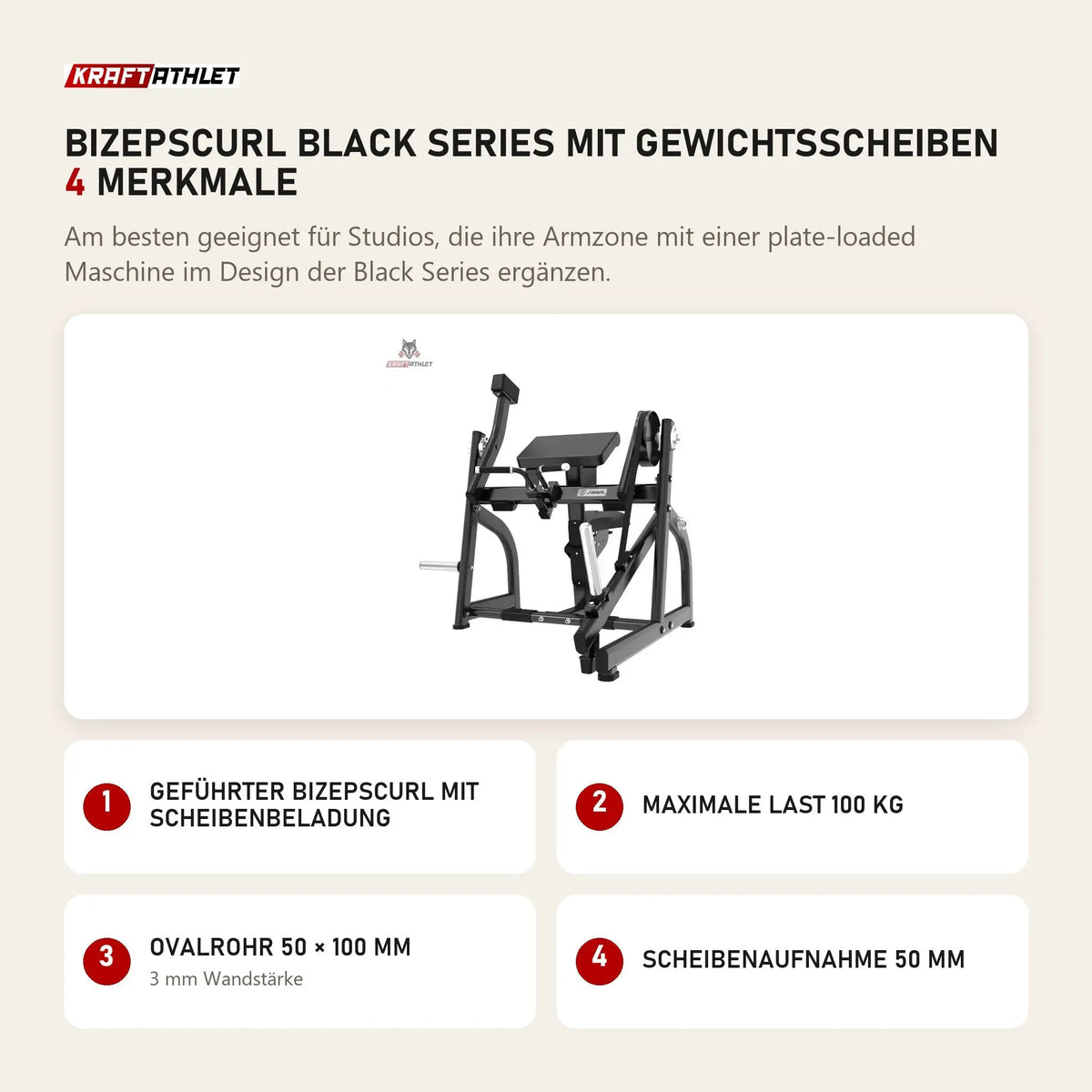 Titanium Strength Bizepscurl Black Series mit Gewichtsscheiben mit 4 Merkmalen: Geführter Bizepscurl mit Scheibenbeladung, Maximale Last 100 kg, Ovalrohr 50 × 100 mm, Scheibenaufnahme 50 mm