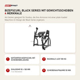 Titanium Strength Bizepscurl Black Series mit Gewichtsscheiben mit 4 Merkmalen: Geführter Bizepscurl mit Scheibenbeladung, Maximale Last 100 kg, Ovalrohr 50 × 100 mm, Scheibenaufnahme 50 mm