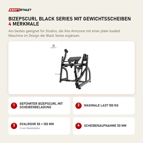 Titanium Strength Bizepscurl Black Series mit Gewichtsscheiben mit 4 Merkmalen: Geführter Bizepscurl mit Scheibenbeladung, Maximale Last 100 kg, Ovalrohr 50 × 100 mm, Scheibenaufnahme 50 mm